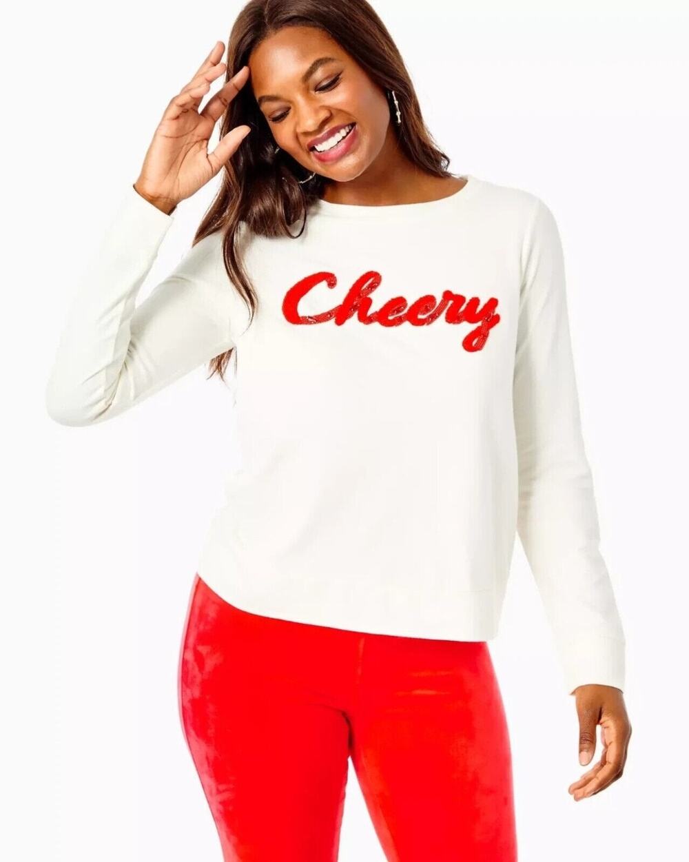 LILLY PULITZER Rami Cheery Embellished Graphic Sweatshirt XL White Red Holiday
